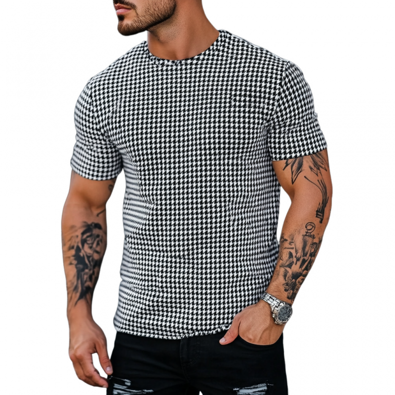 Men's Casual Houndstooth Round Neck Slim Short Sleeve T-Shirt MTA1862C7M
