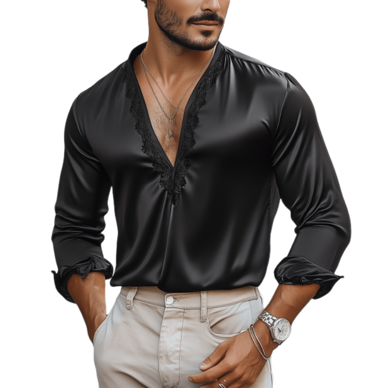 Men's Casual Sexy Lace And Satin Stitching Deep V Neck Long Sleeve Shirt MTA1732C2K
