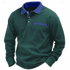 Stylish Long Sleeve Polo Shirt With Contrast Collar And Pocket Design For Men