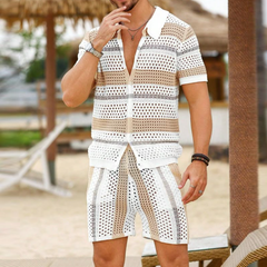 Men's Casual Lapel Single-Breasted Loose Cardigan Elastic Waist Shorts Striped Hollow Knit Set MTA2227C1M