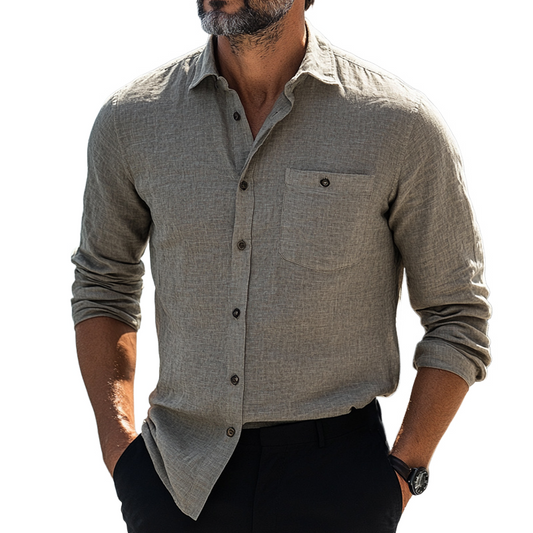 Men's Casual Skin-friendly Gray Cotton And Linen Long-sleeved Shirt 73095019U