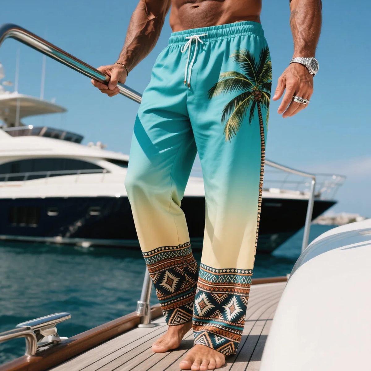 Tropical Palm Print Gradient Beach Pants for Men