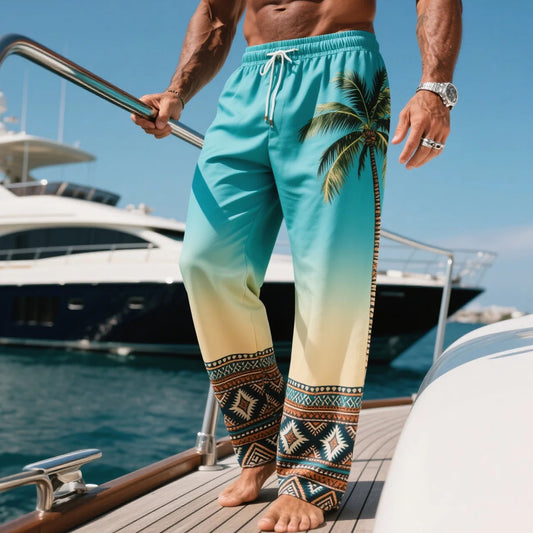Tropical Palm Print Gradient Beach Pants for Men