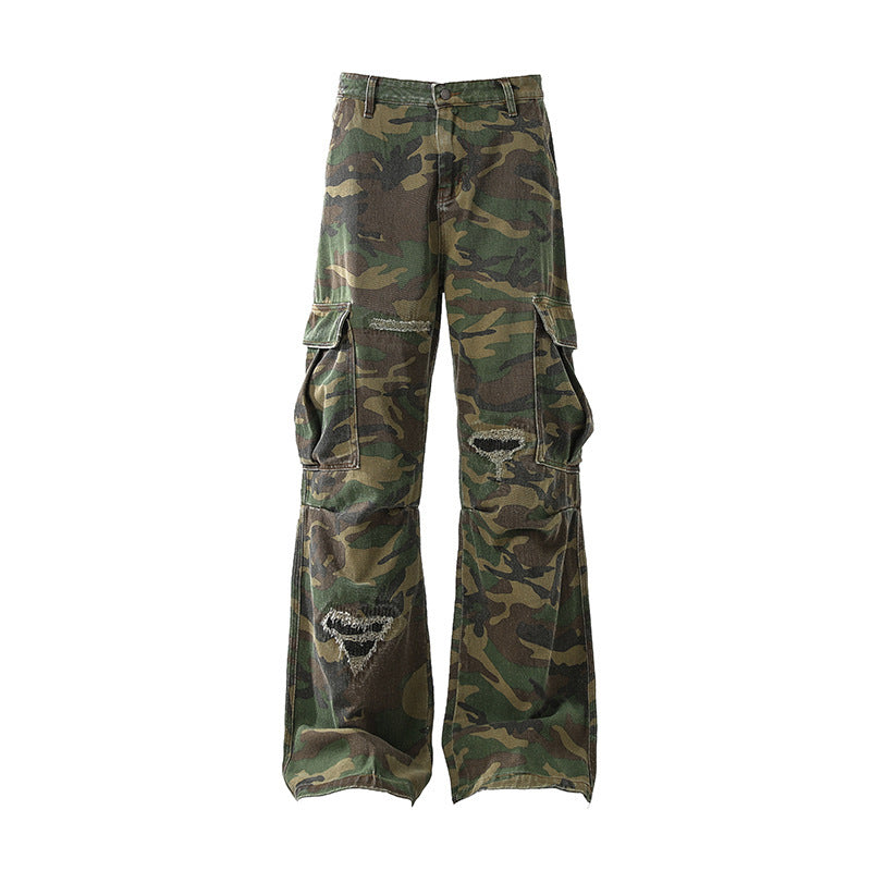 Camouflage Cargo Pants with Distressed Details for Women - Fall/Winter Fashion