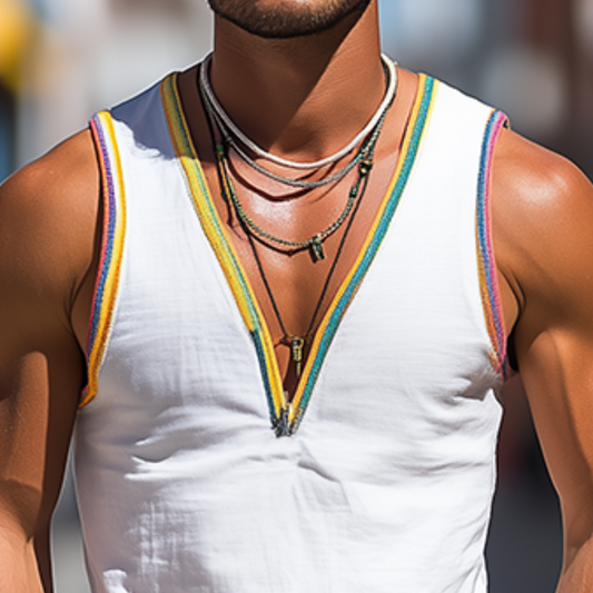 Men's Fashion Casual Deep V-Neck Colorful Ribbon Cotton And Linen Tank Top MTA0999D0K