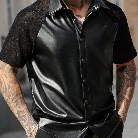 Men's Lace Panel Short Sleeve Leather Shirt MTA3191C8X