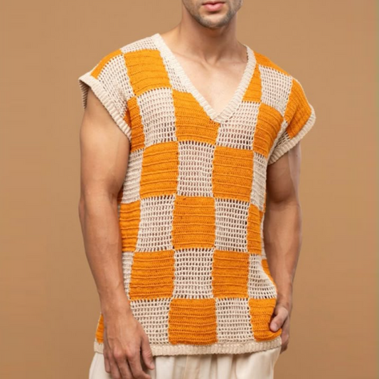 Men's Casual V-Neck Check Jacquard Breathable Loose Knitted Tank Top MTA0747D1M