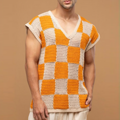 Men's Casual V-Neck Check Jacquard Breathable Loose Knitted Tank Top MTA0747D1M