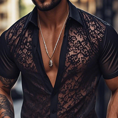 Men's Spring Fashion Sexy Lace Slim Black Short Sleeve Shirt MTA2751C0K
