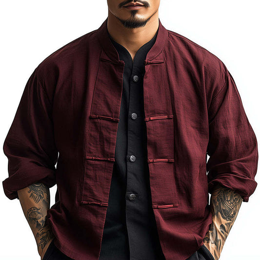 Men's Burgundy Chinese Button Long Sleeve Shirt MTA2555C1P