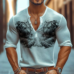 Men's Tiger Print Henley Neck Long Sleeve T-Shirt MTA0950D9X