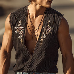Stylish Black Corduroy Vest with Embroidered Floral Design