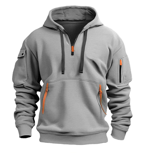 Stylish Maroon Hoodie with Tactical Pockets and Zipper Accents for Men