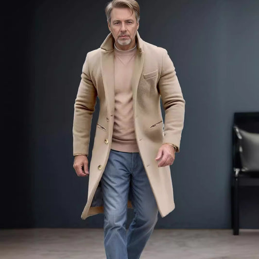 Classic Men's Longline Coat with Gold Button Accents