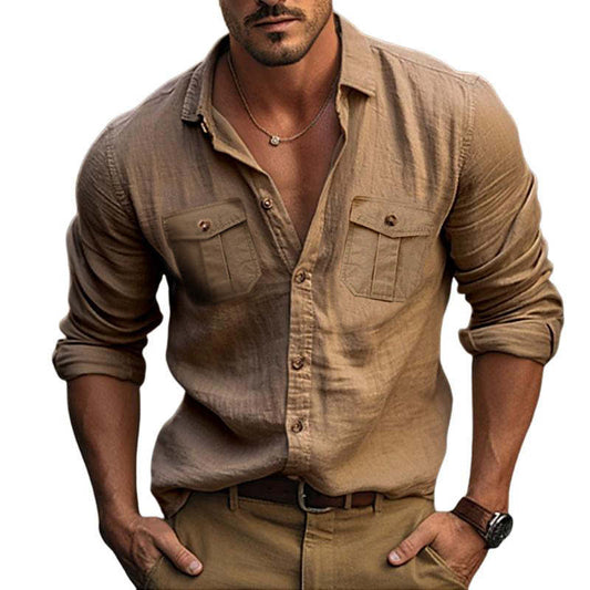 Men's Solid Color Double Pocket Cotton And Linen Long Sleeve Shirt 64413169Y