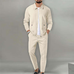 Men'S Solid Color Waffle Lapel Jacket And Pants Set 29554016Y