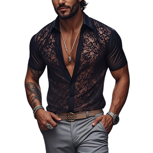 Men's Spring Fashion Sexy Lace Slim Black Short Sleeve Shirt MTA2751C0K