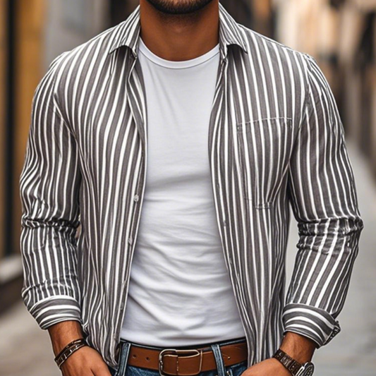 Men's Casual Comfort Cotton Linen Striped Lapel Chest Pocket Loose Long Sleeve Shirt MTA2798C4M