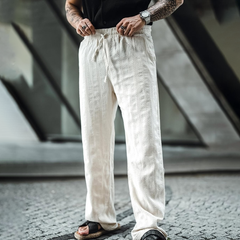 Men's Solid Cotton And Linen Mid Waist Straight Casual Pants MTA0192D1Z