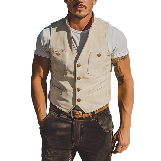 Men's Spring Fashion Retro Western Style Multi-Pocket Suede Vest MTA0240D3K