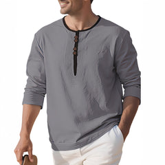Stylish Men's Long Sleeve Henley Shirt With Unique Button Design