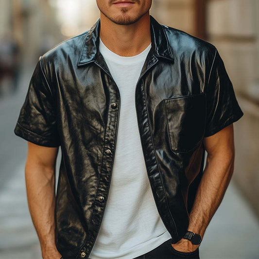 Men's Summer Loose Black Leather Short Sleeve Shirt MTA0180D2U