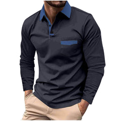 Men's Stylish Long Sleeve Polo Shirt with Contrast Collar and Pocket Design