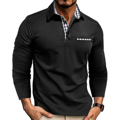 Men's Stylish Long Sleeve Polo Shirt with Plaid Collar Detail