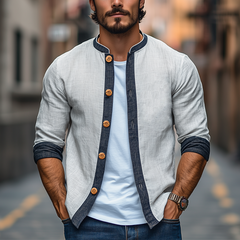 Men's Spring Fashion Classic Retro Cotton And Linen Splicing Long Sleeve Shirt MTA2776C7K
