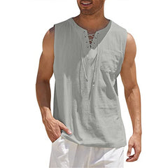 Men's Casual Lace-Up Neck Chest Pocket Sleeveless Vest Tank Top