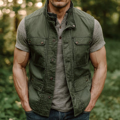 Green Vest with Button-Down Collar and Multiple Pockets