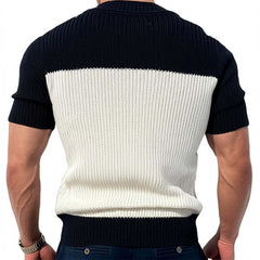 Men's Casual Contrast Color V-Neck Slim Fit Knitted Short Sleeve Sweater T-Shirt MTA1727C6M