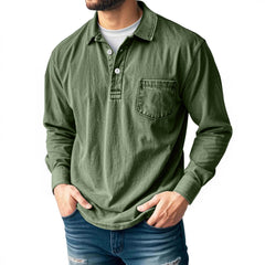 Men's Casual Long Sleeve Button-Up Polo Shirt with Chest Pocket