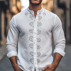Men's Spring Fashion Retro Stand Collar Embroidered Cotton And Linen Long Sleeve Shirt MTA3135C0K