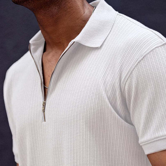 Men's Retro Casual Solid Color Zipper Neck Short Sleeve T-Shirt MTA1978C6TO