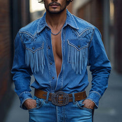 Men's Retro Western Cowboy Tassel Stitching Denim Long Sleeve Shirt 10742814U