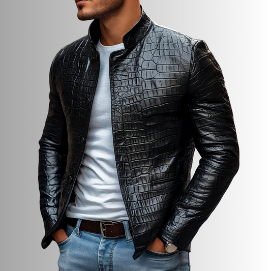 Men's Fashion Crocodile Leather Stand Collar Single Breasted Slim Fit Jacket 22007630M