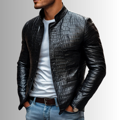 Men's Fashion Crocodile Leather Stand Collar Single Breasted Slim Fit Jacket 22007630M
