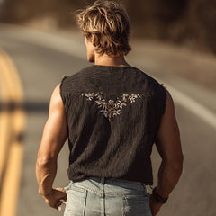 Stylish Black Corduroy Vest with Embroidered Floral Design