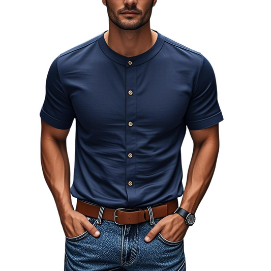 Men's Casual Cotton Round Neck Single Breasted Slim Fit Short Sleeve Shirt MTA3185C7M