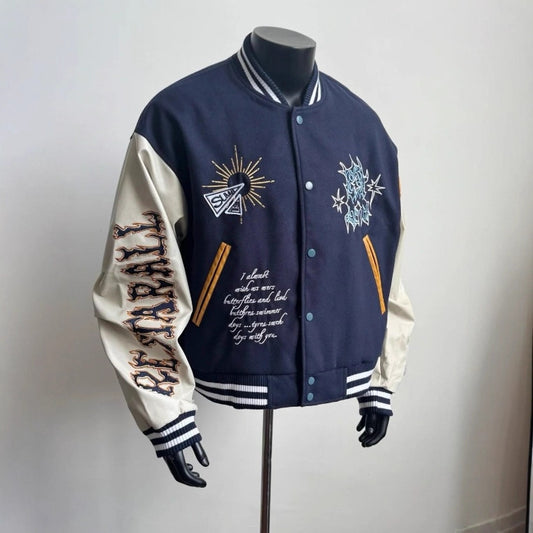 Embroidered Baseball Jacket with Unique Cross and Number Design for Casual Wear