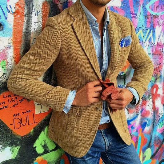 Men's Vintage Herringbone Lapel Single Breasted Blazer 84719153M