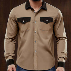 Men's Comfortable Khaki Colorblock Casual Long Sleeve Shirt MTA0209D2U