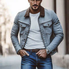 Men's Gray Distressed Lapel Washed Denim Jacket MTA2002C0U