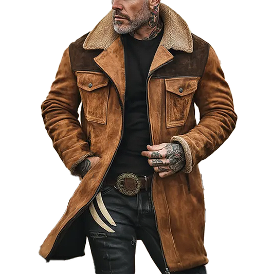 Men's Colorblock Suede And Polar Fleece Lapel Mid-Length Coat 40617808Y