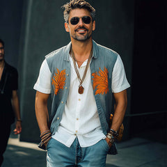 Men's Summer Washed Denim Colorblock Embroidered Vest MTA2276C6U