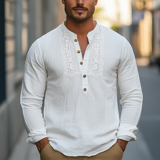 Men's Spring Fashion Classic Henley Collar Lace Stitching Cotton And Linen Long Sleeve Shirt MTA2777C5K