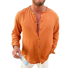 Men's Cotton And Linen Solid Color Long-sleeved Shirt 37130279X