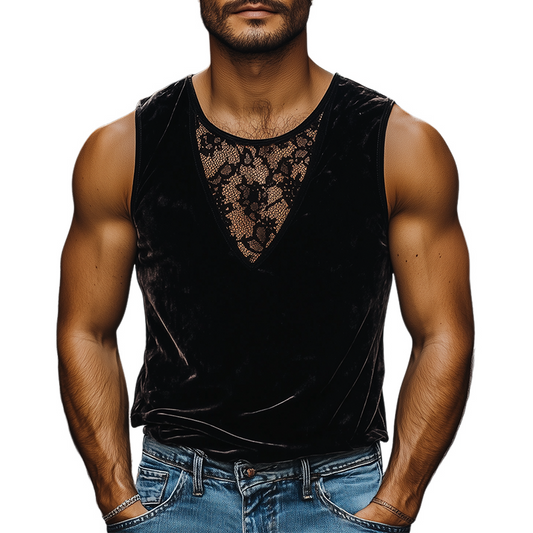Men's Fashion Casual Round Neck Lace Stitching Velvet Tank Top MTA2517C4K