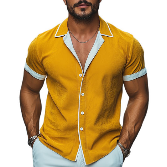 Men's Spring And Summer Fashion Slim Contrast Color Lapel Tencel Cotton Short Sleeve Shirt MTA0784D1K